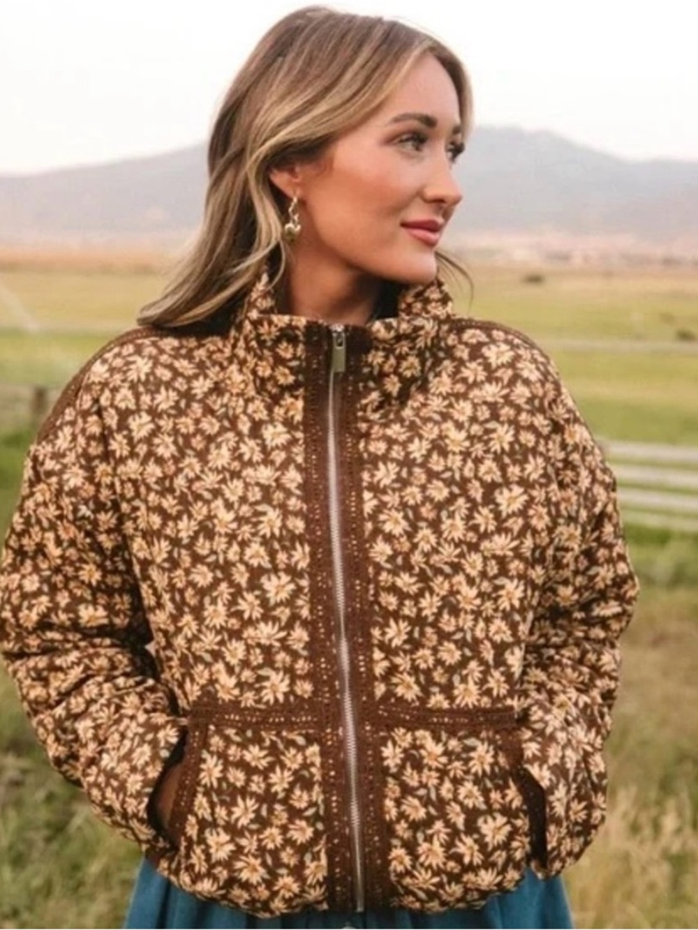 Ivy City Co Tasia Floral Brown Zip-Up Jacket